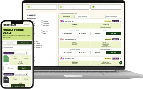 Go Compare's broadband and SIM-only websites displayed on laptop and mobile.